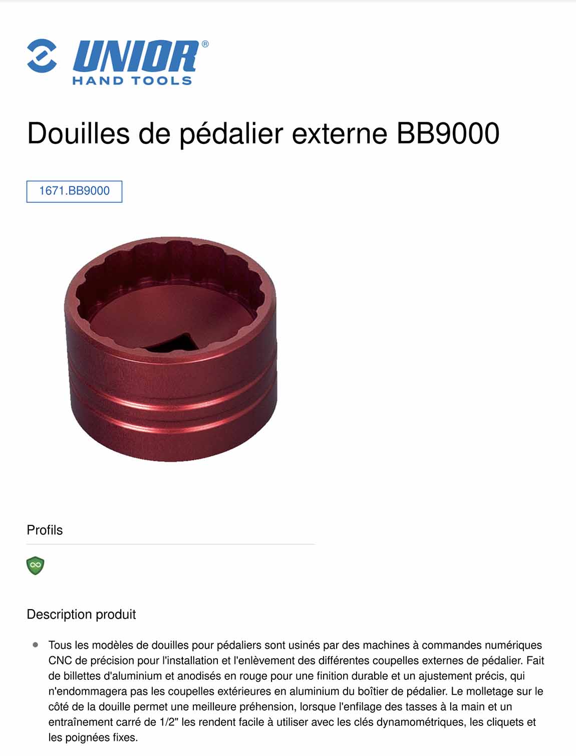 caractéristiques boitier de pédalier bb9000 unior