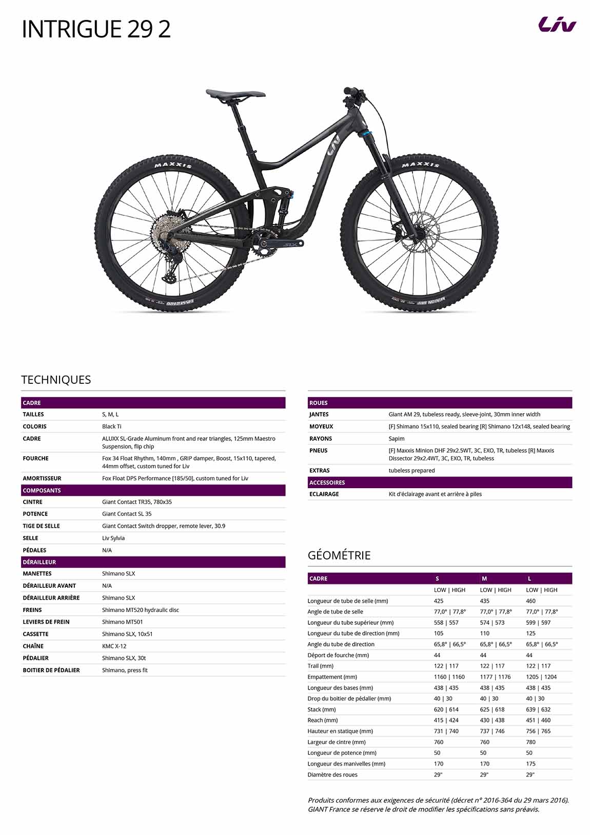 caracteristiques VTT LIV Intrigue 29 2