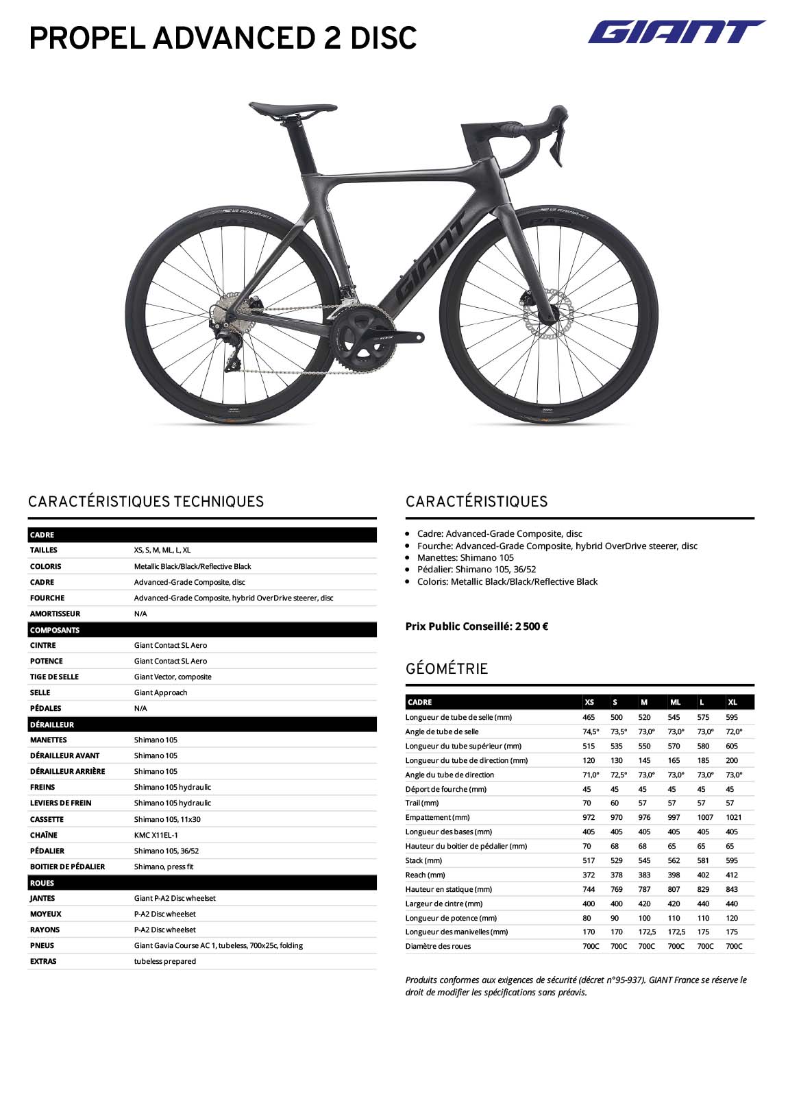Vélo Giant Propel Advanced 2 Disc 2021 