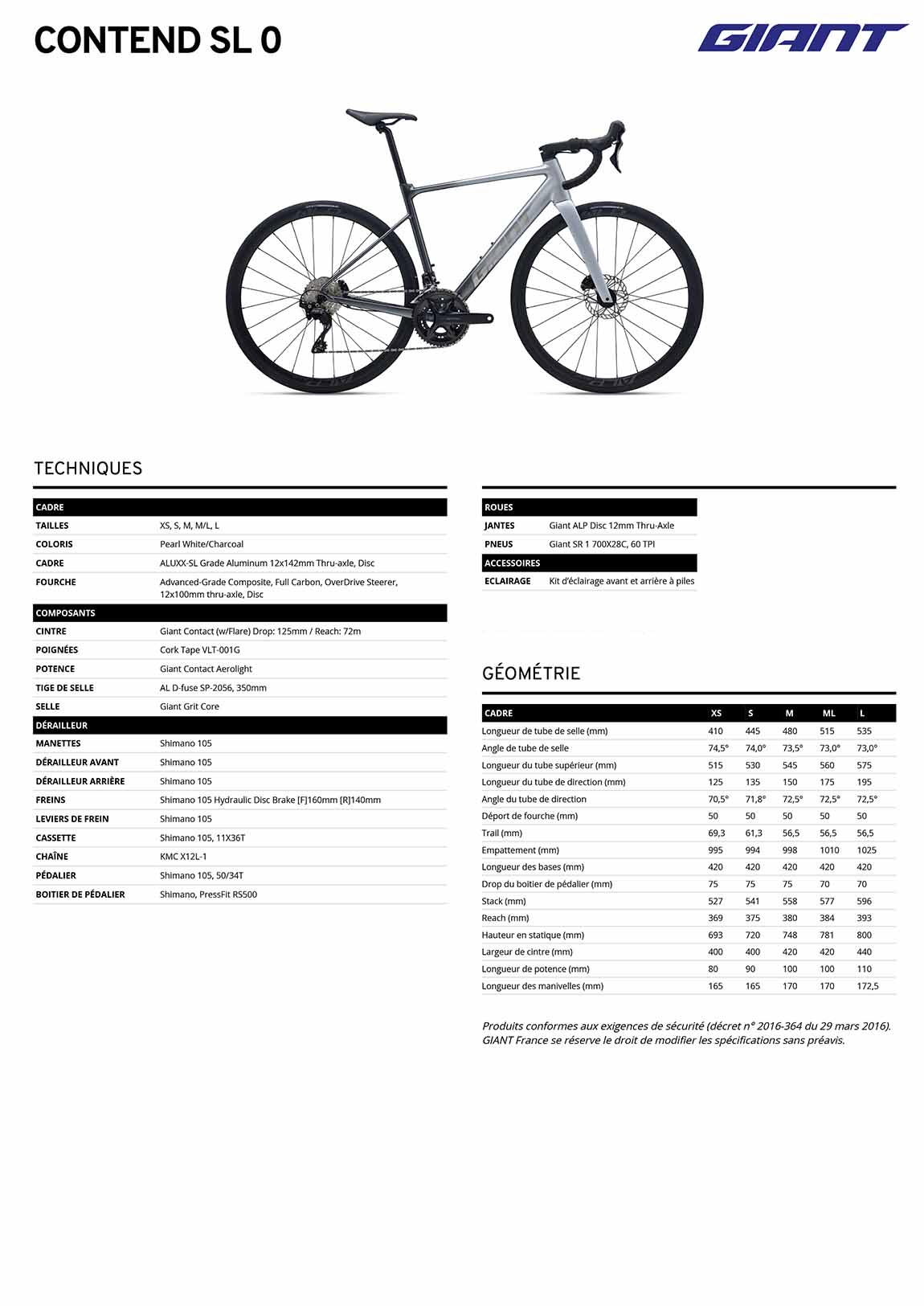 caractéristiques GIANT Contend SL 0 2026