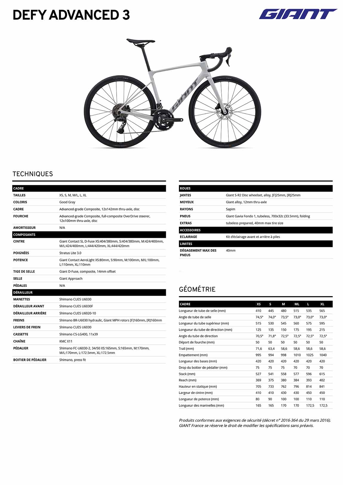 caractéristiques GIANT Defy Advanced 3 2026