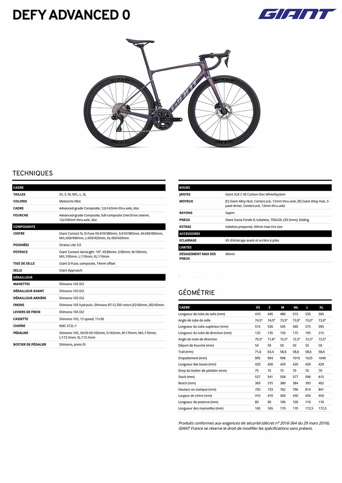 caracteristiques GIANT Defy Advanced 0 2026