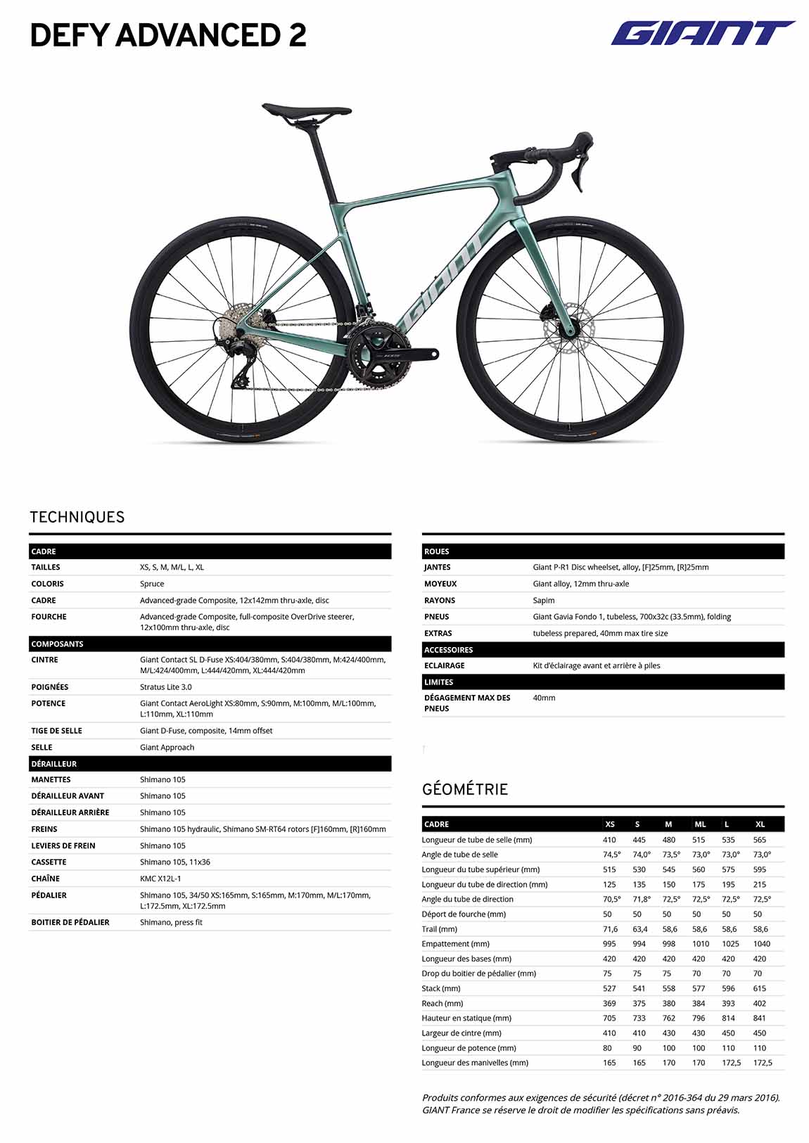 caractéristiques GIANT Defy Advanced 2 2026