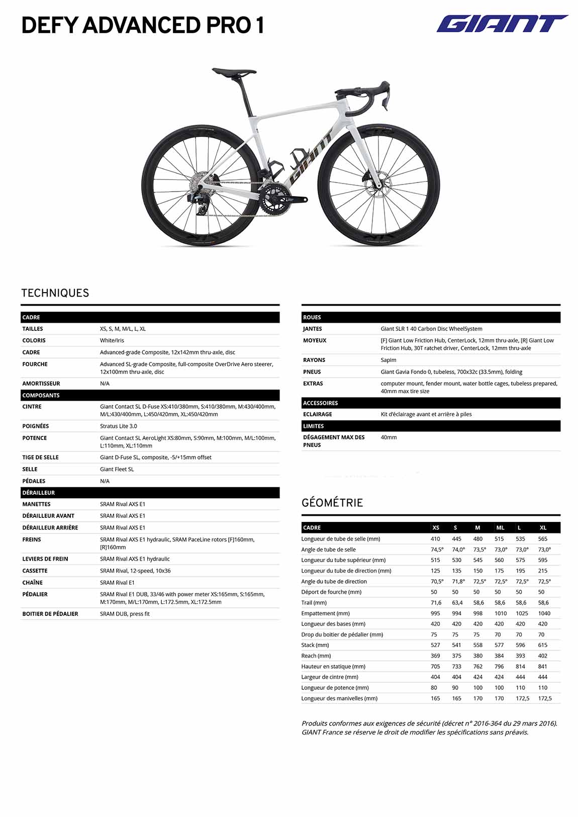 caractéristiques GIANT Defy Advanced pro 1 2026