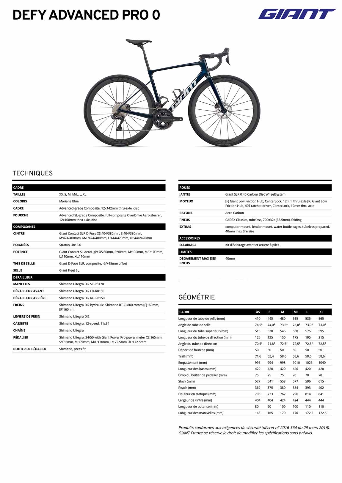 caractéristiques GIANT Defy Advanced pro 0 2026