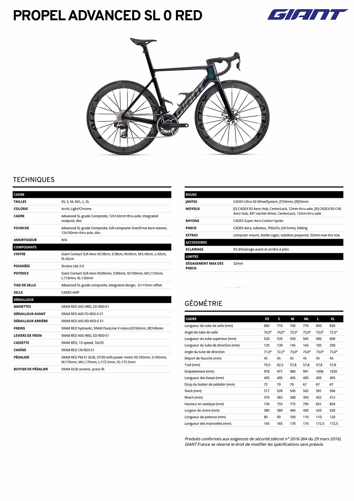 fiche GIANT Propel Advanced SL 0 Red 2026