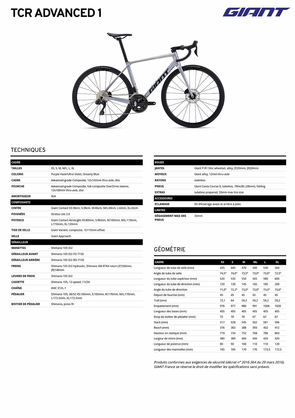 Fiche GIANT TCR Advanced 1 Purple Haze 2026
