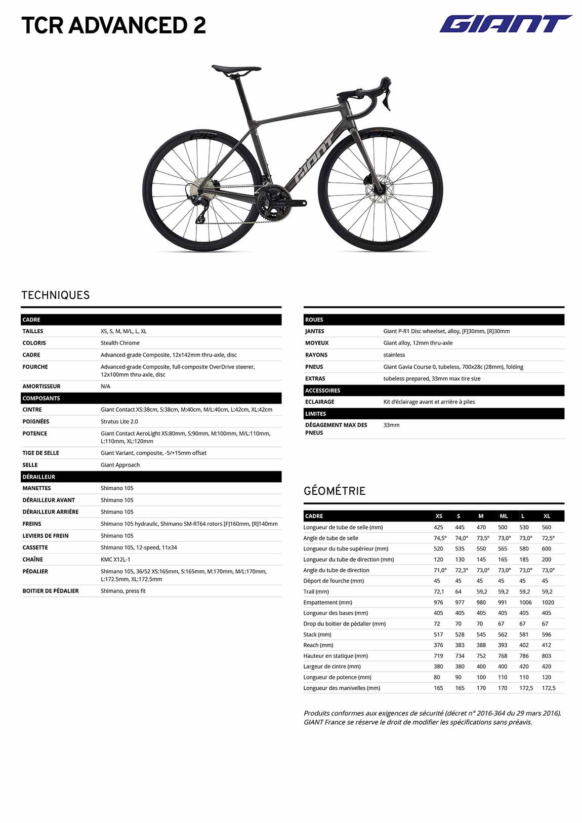 fiche GIANT TCR Advanced 2 2026