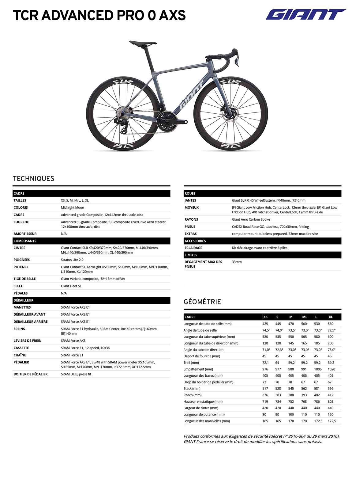 fiche GIANT TCR Advanced Pro 0 AXS 2026