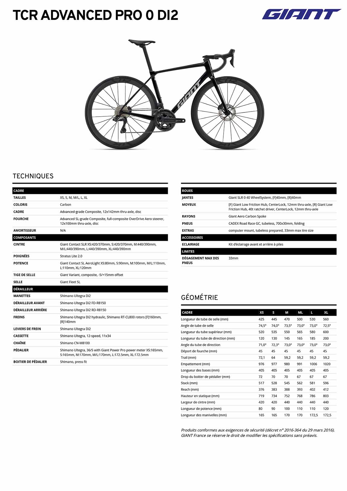 fiche GIANT TCR Advanced Pro 0 Di2 2026