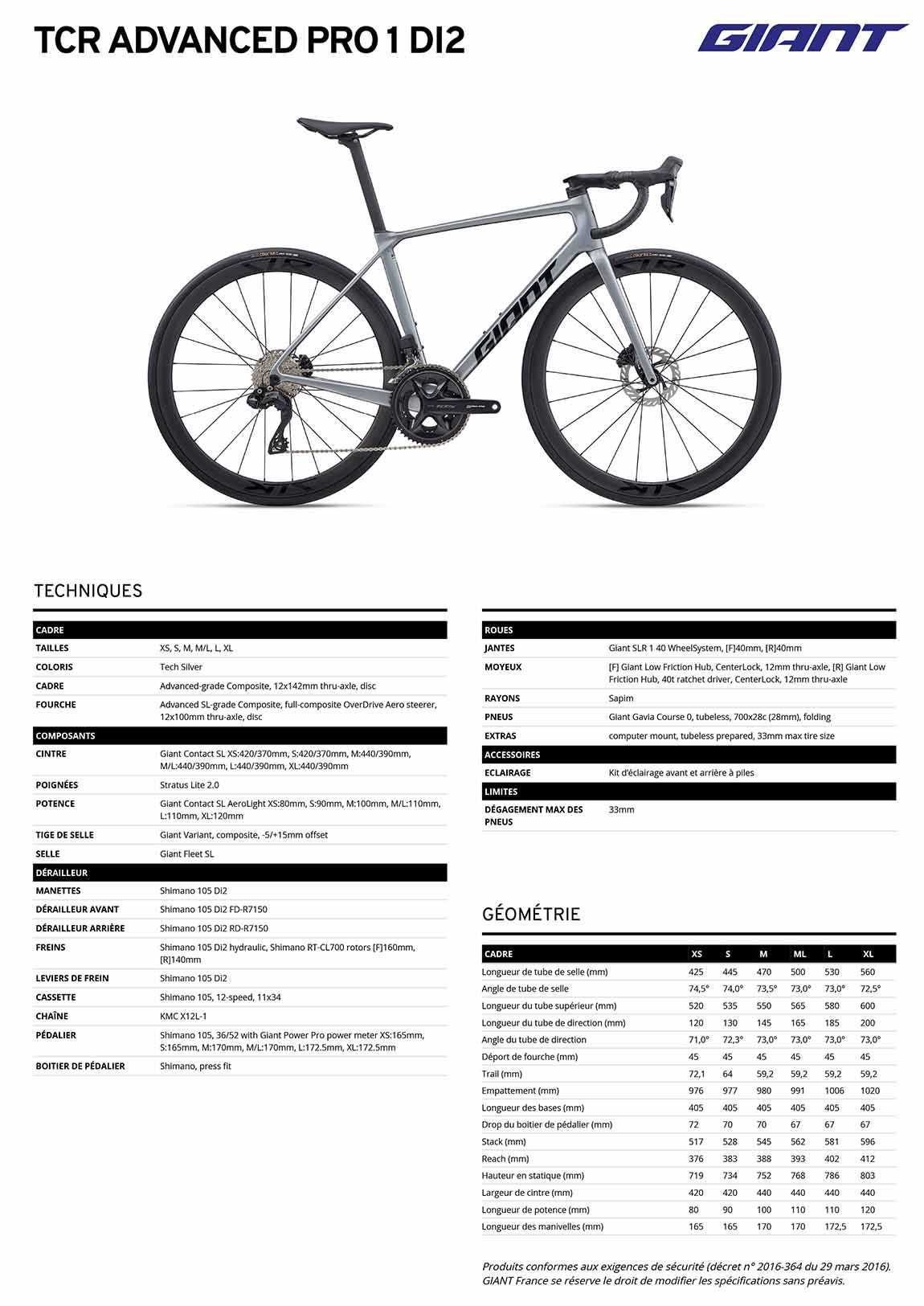 fiche GIANT TCR Advanced Pro 1 Di2 2026