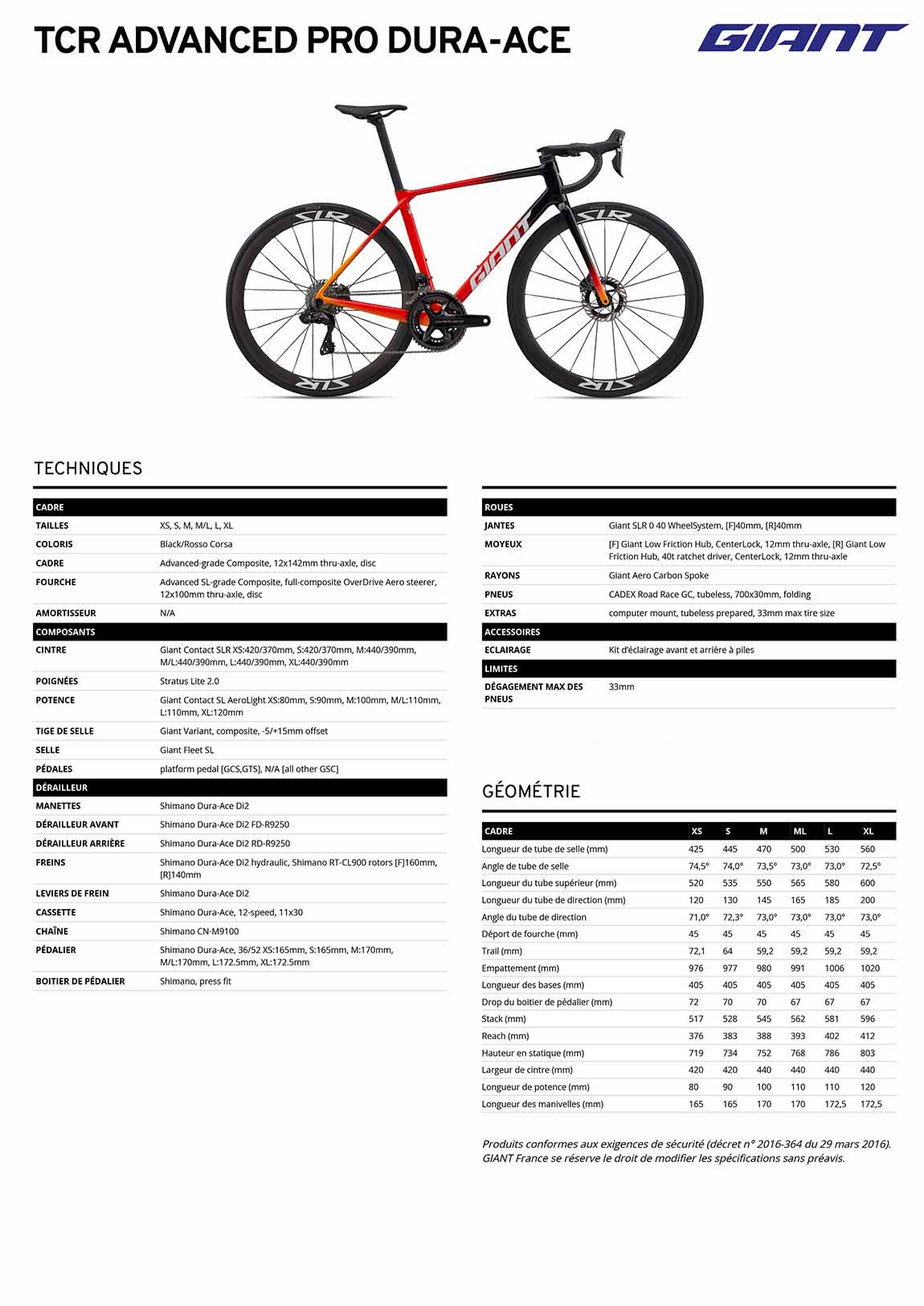 fiche GIANT TCR Advanced Pro Dura Ace 2026