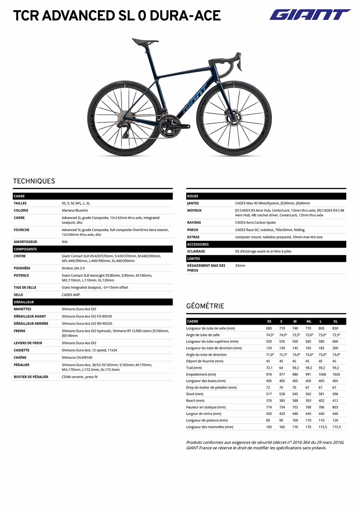 Fiche Giant TCR Advanced SL 0 Dura Ace 2026