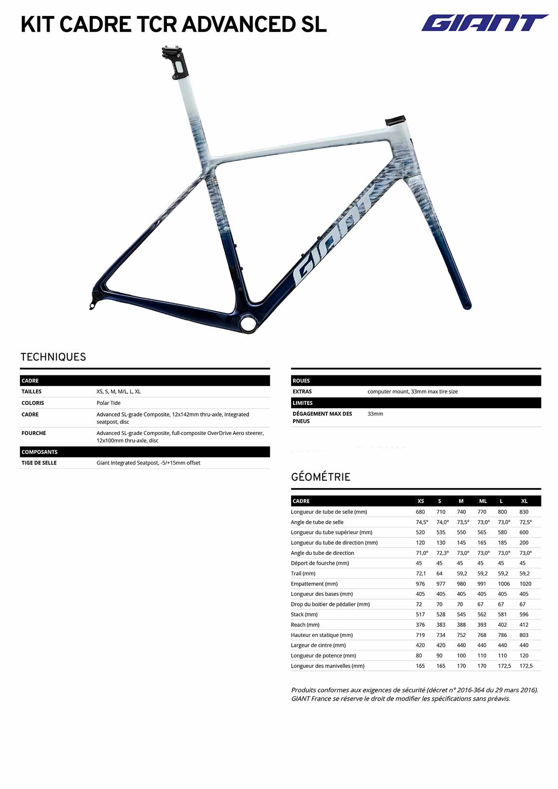 fiche kit cadre giant tcr advanced sl 2026