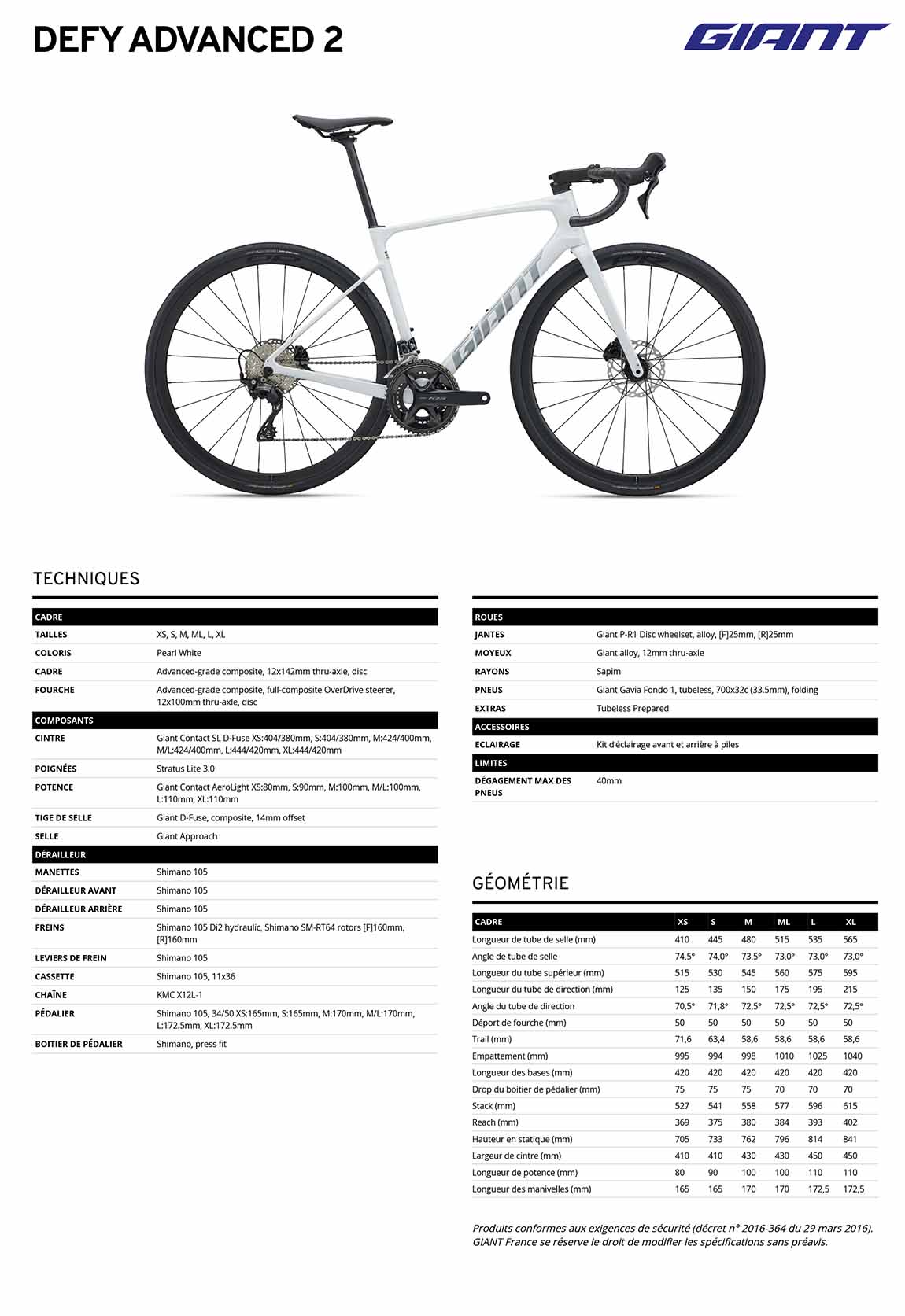 caracteristiques Giant Defy Advanced 2 2027