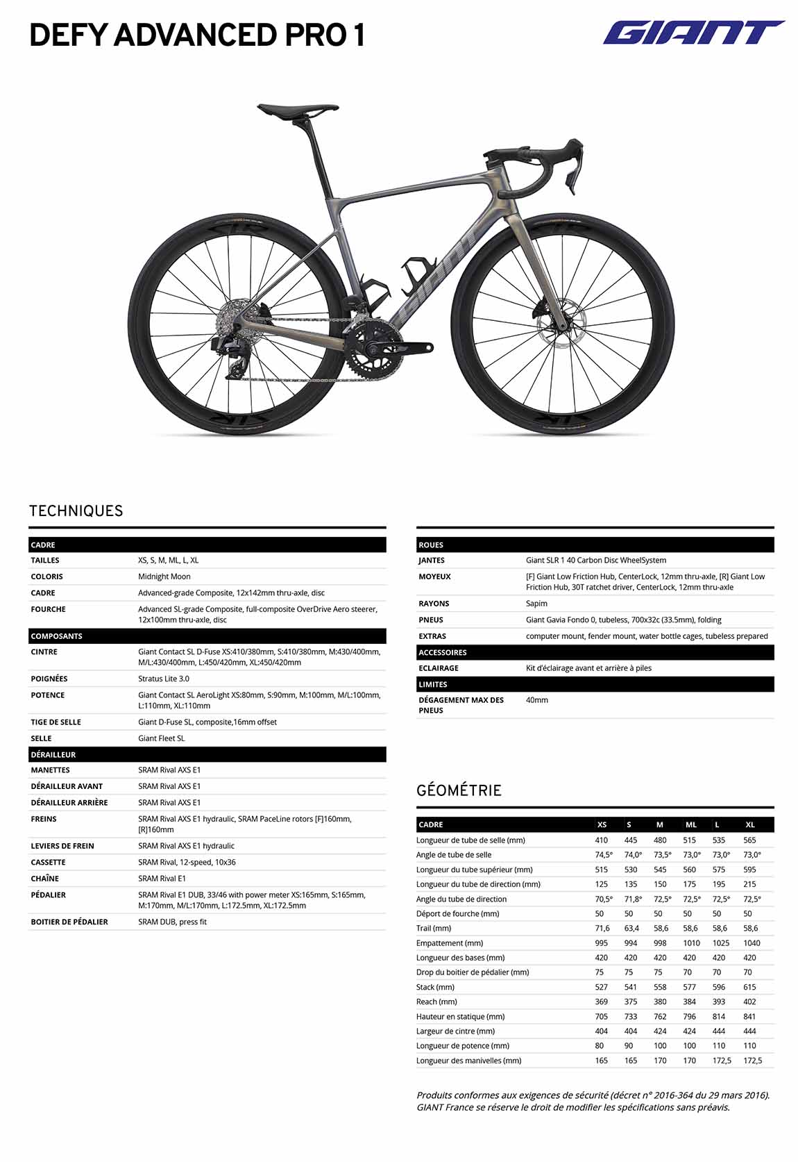 caracteristiques Giant Defy Advanced Pro 1 2027