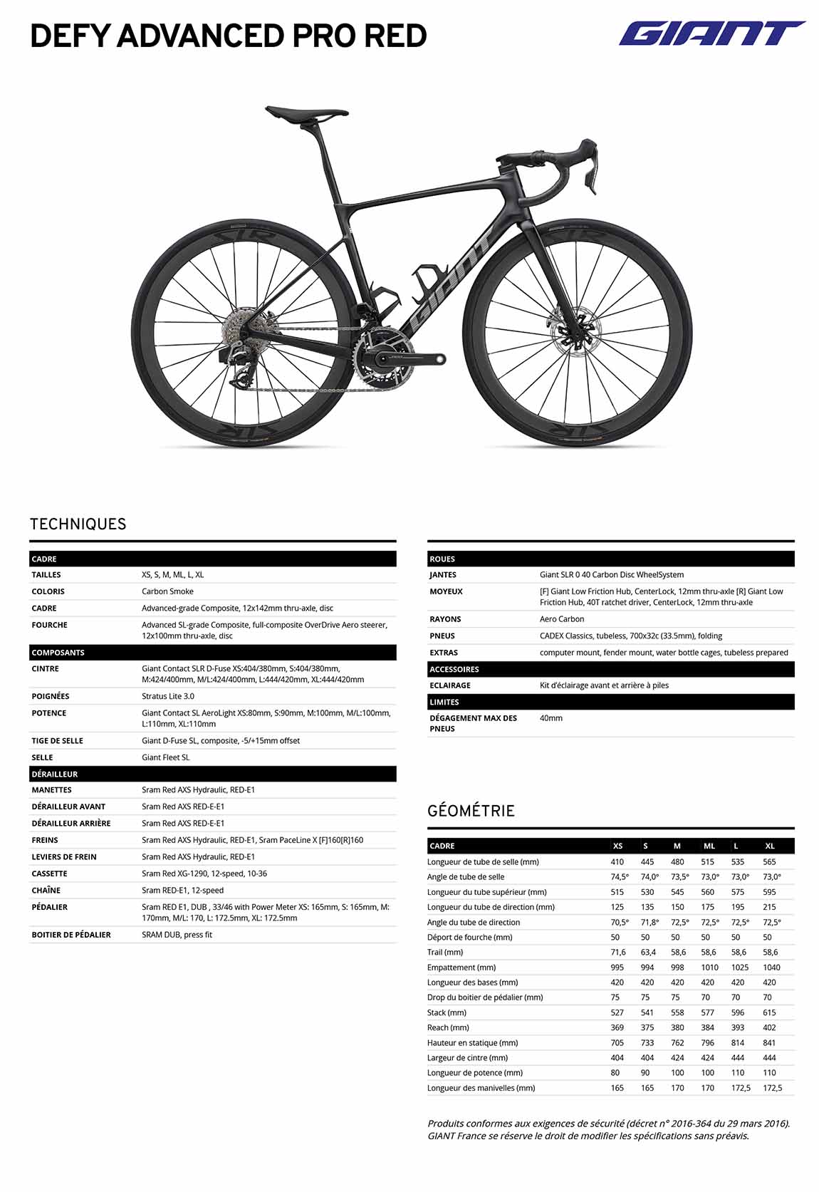 caracteristiques Giant Defy Advanced Pro red 2027