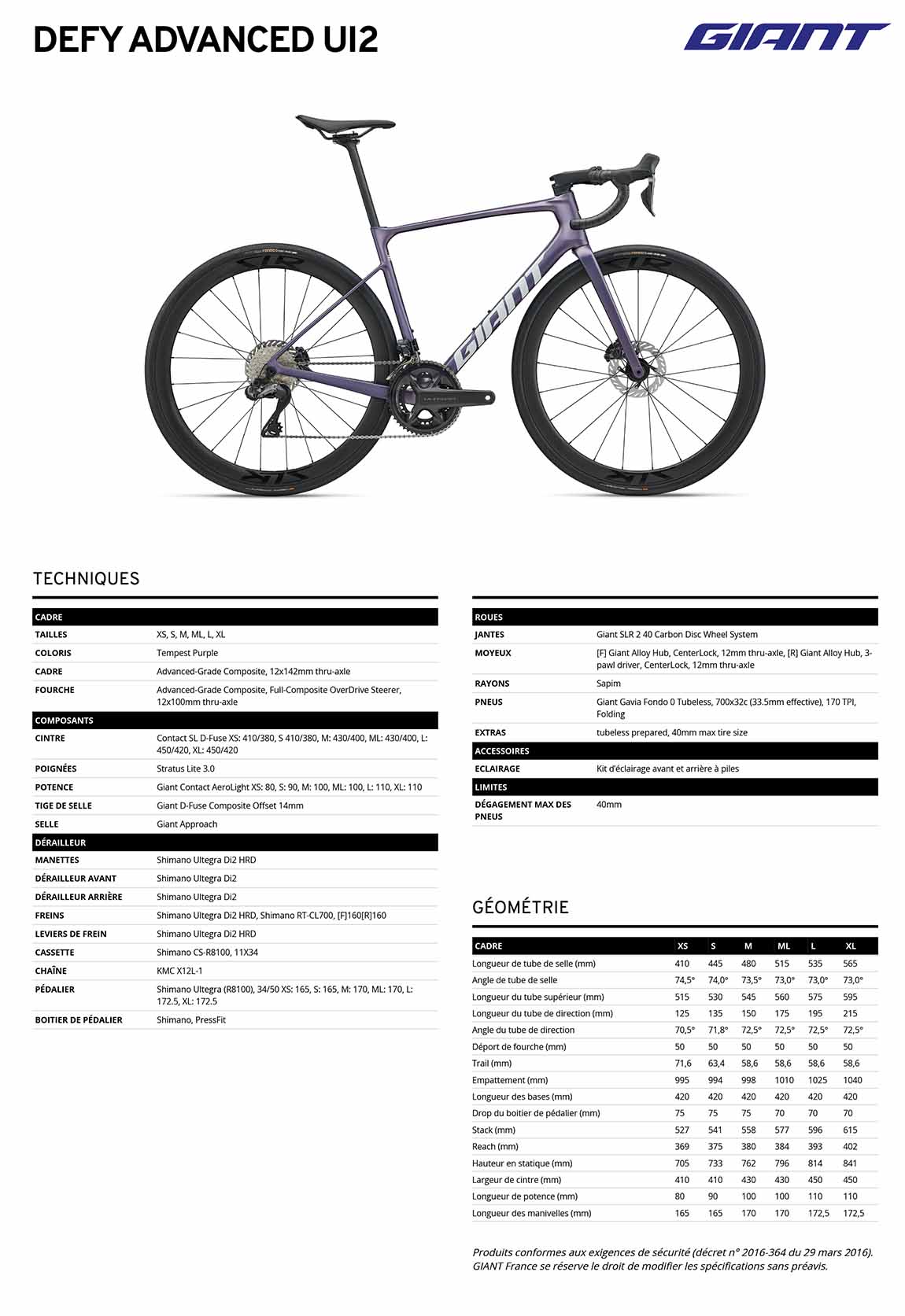 caracteristiques Giant Defy Advanced ui2 2027