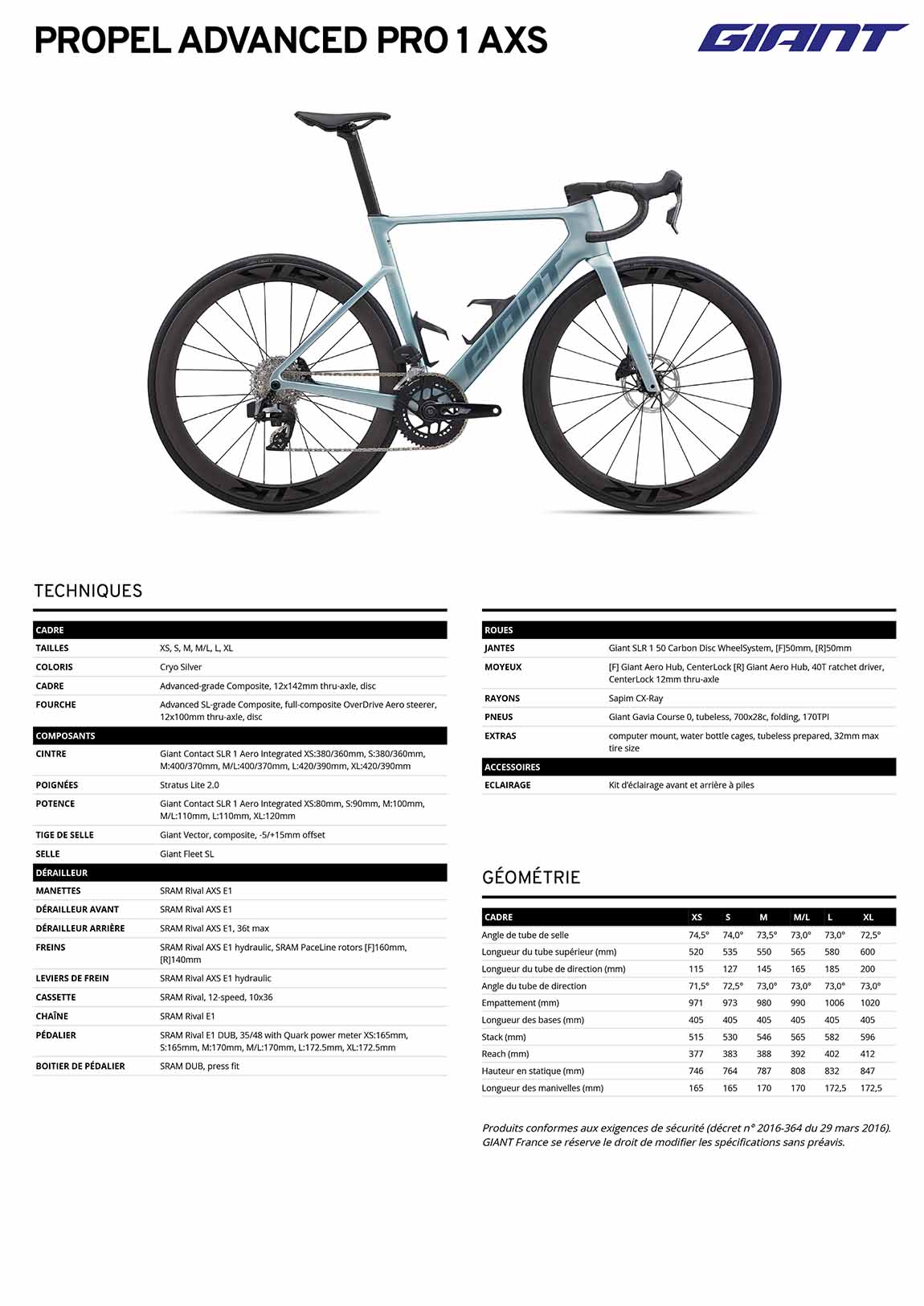 fiche giant propel advanced pro 1 AXS 2027