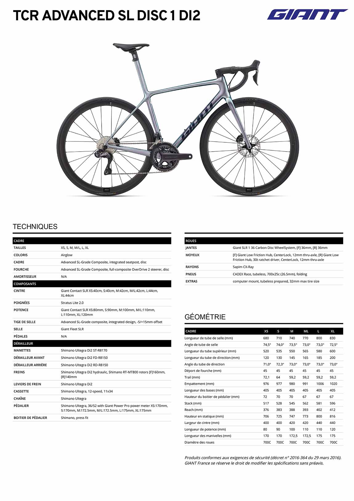 caracteristiques Vélo GIANT TCR Advanced SL 1 di2 2023