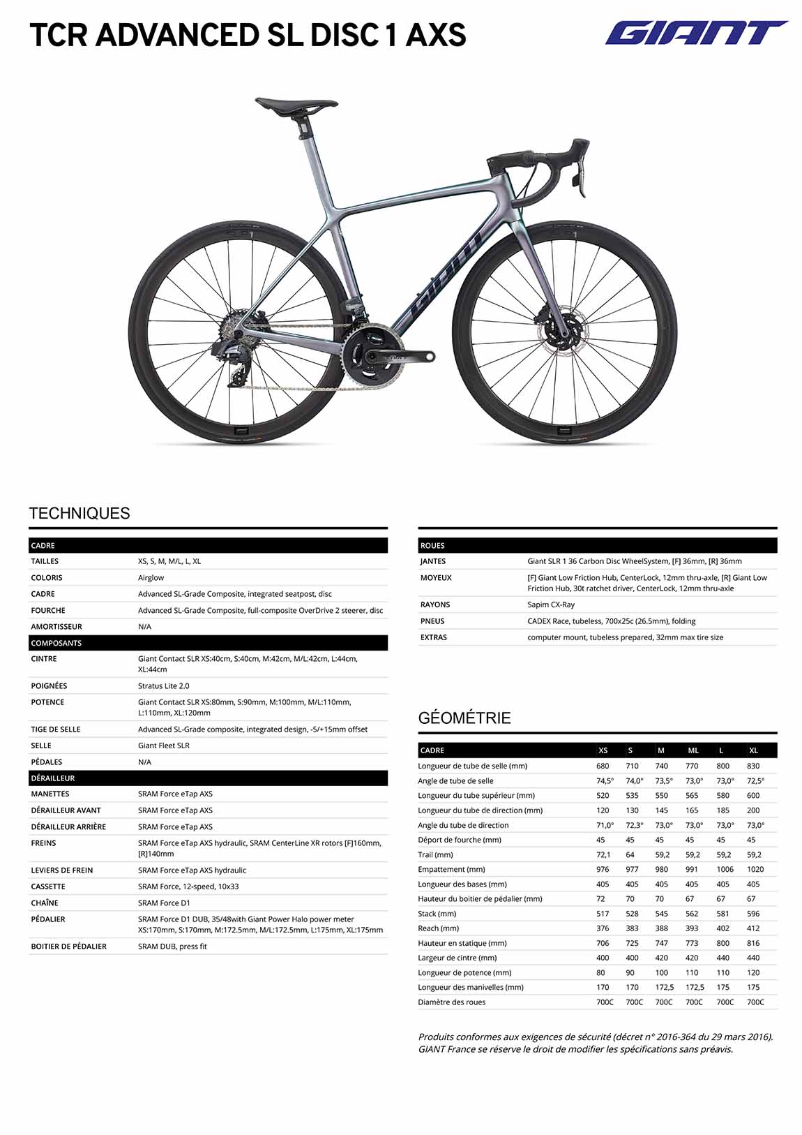 caractéristiques Vélo GIANT TCR Advanced SL 1 AXS 2023